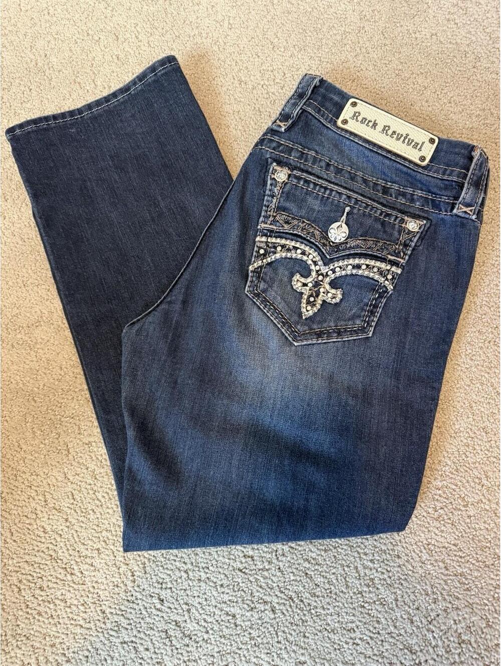 Rock Revival Jeans Womens 32 Blue Maisky Easy Capri Embellished Stretch Logo - Picture 1 of 12